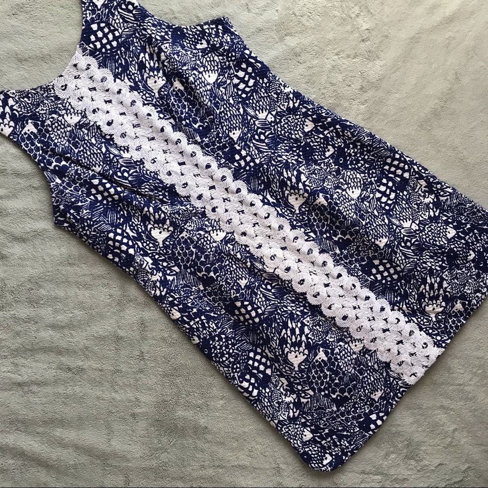 Lilly Pulitzer for Target Upstream Shift Dress Fish Print Navy White Lace Sz 10